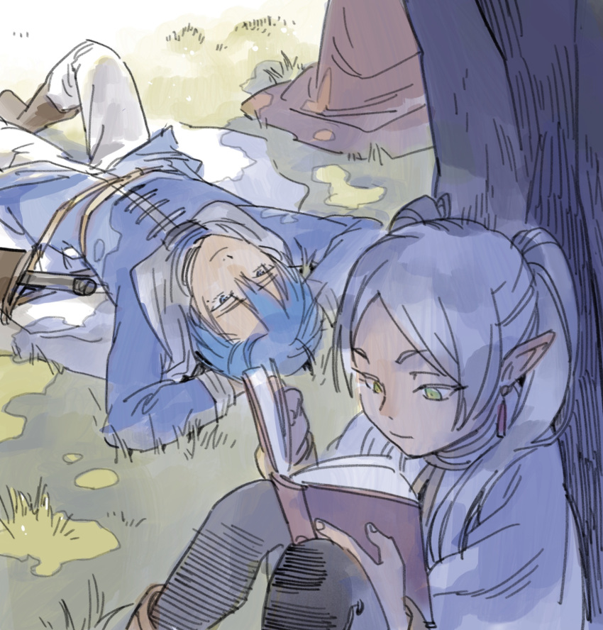 1boy, 1girl, arms_behind_head, arms_up, asymmetrical_bangs, black_pantyhose, blackfoxes, blue_eyes, blue_hair, blue_shirt, book, boots, brown_footwear, cape, capelet, closed_mouth, commentary, earrings, elf, eyelashes, frieren, grass, green_eyes, grey_hair, hair_between_eyes, hatching_(texture), highres, himmel_(sousou_no_frieren), holding, holding_book, jewelry, knee_up, knees_up, linear_hatching, looking_at_another, looking_up, lying, mole, mole_under_eye, muted_color, on_back, on_grass, open_book, outdoors, pants, pantyhose, parted_bangs, pointy_ears, reading, scabbard, shade, sheath, sheathed, shirt, short_hair, sitting, smile, sousou_no_frieren, sword, tree, twintails, weapon, white_cape, white_capelet, white_pants