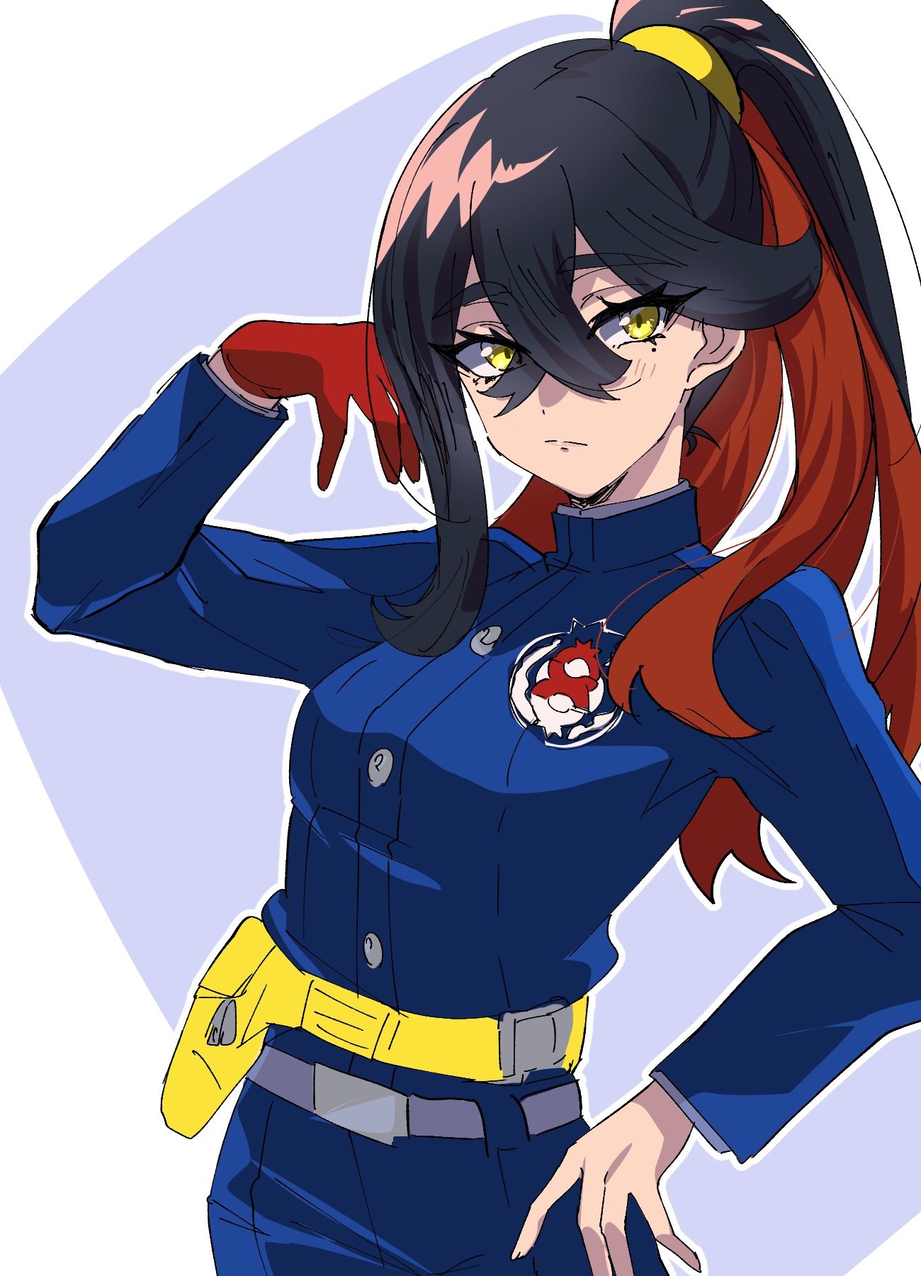 1girl, alternate_hairstyle, black_hair, blue_gakuran, blueberry_academy_(emblem), blueberry_academy_school_uniform, buttons, carmine_(pokemon), colored_inner_hair, crossed_bangs, fanny_pack, gloves, hair_between_eyes, high_ponytail, highres, kitaizumi_(chaos_550), long_hair, long_sleeves, mole, mole_under_eye, multicolored_hair, orange_hair, pokemon, pokemon_sv, ponytail, red_gloves, school_uniform, single_glove, two-tone_hair, yellow_bag, yellow_eyes