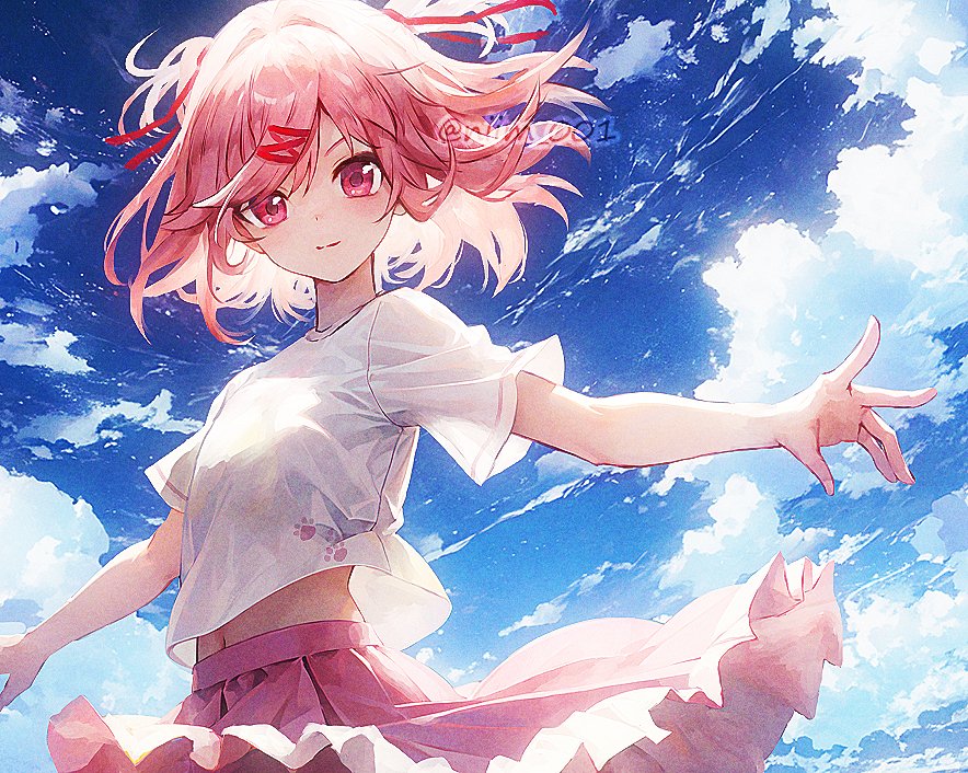 1girl, clouds, cowboy_shot, doki_doki_literature_club, flat_chest, hairband, light_smile, looking_at_viewer, natsuki_(doki_doki_literature_club), navel, niim, pink_eyes, pink_hair, pink_skirt, red_hairband, shirt, short_hair, skirt, sky, twintails, twitter_username, white_shirt