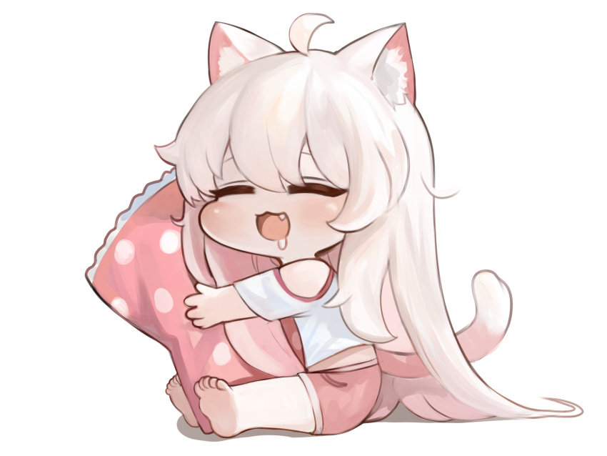 1girl, :3, :d, ahoge, animal_ear_fluff, animal_ears, bare_shoulders, barefoot
