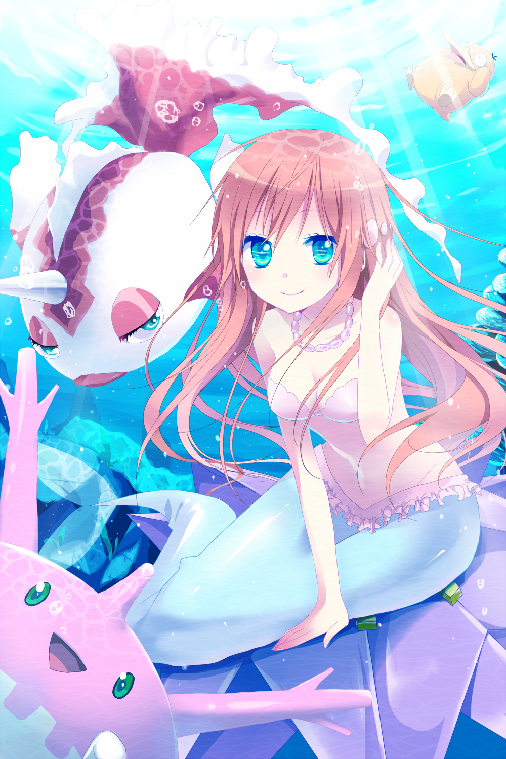 blue_eyes, brown_hair, corsola, glowing, glowing_eyes, goldeen, highres, kasumi_(pokemon)