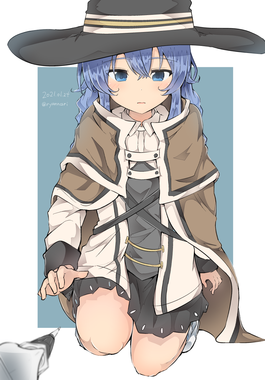 1girl, black_headwear, blue_eyes, blue_hair, braid, brown_cloak, capelet, cloak