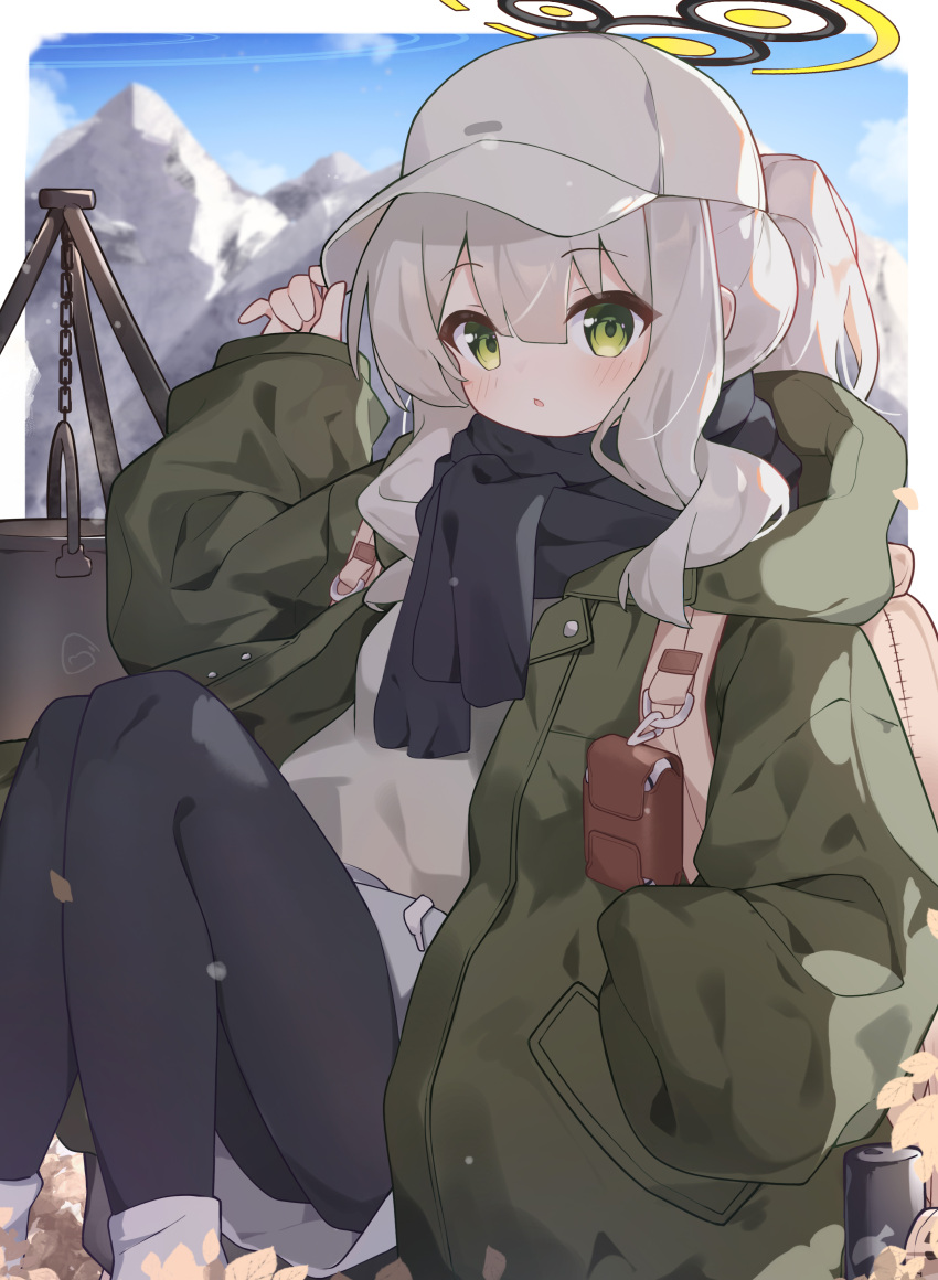 1girl, absurdres, backpack, bag, baseball_cap, black_pantyhose, black_scarf, blue_archive
