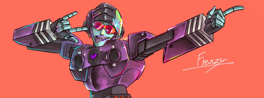 1girl, colored_skin, frenzy_(transformers), highres, humanoid_robot, orange_background, pink_nails, red-framed_eyewear