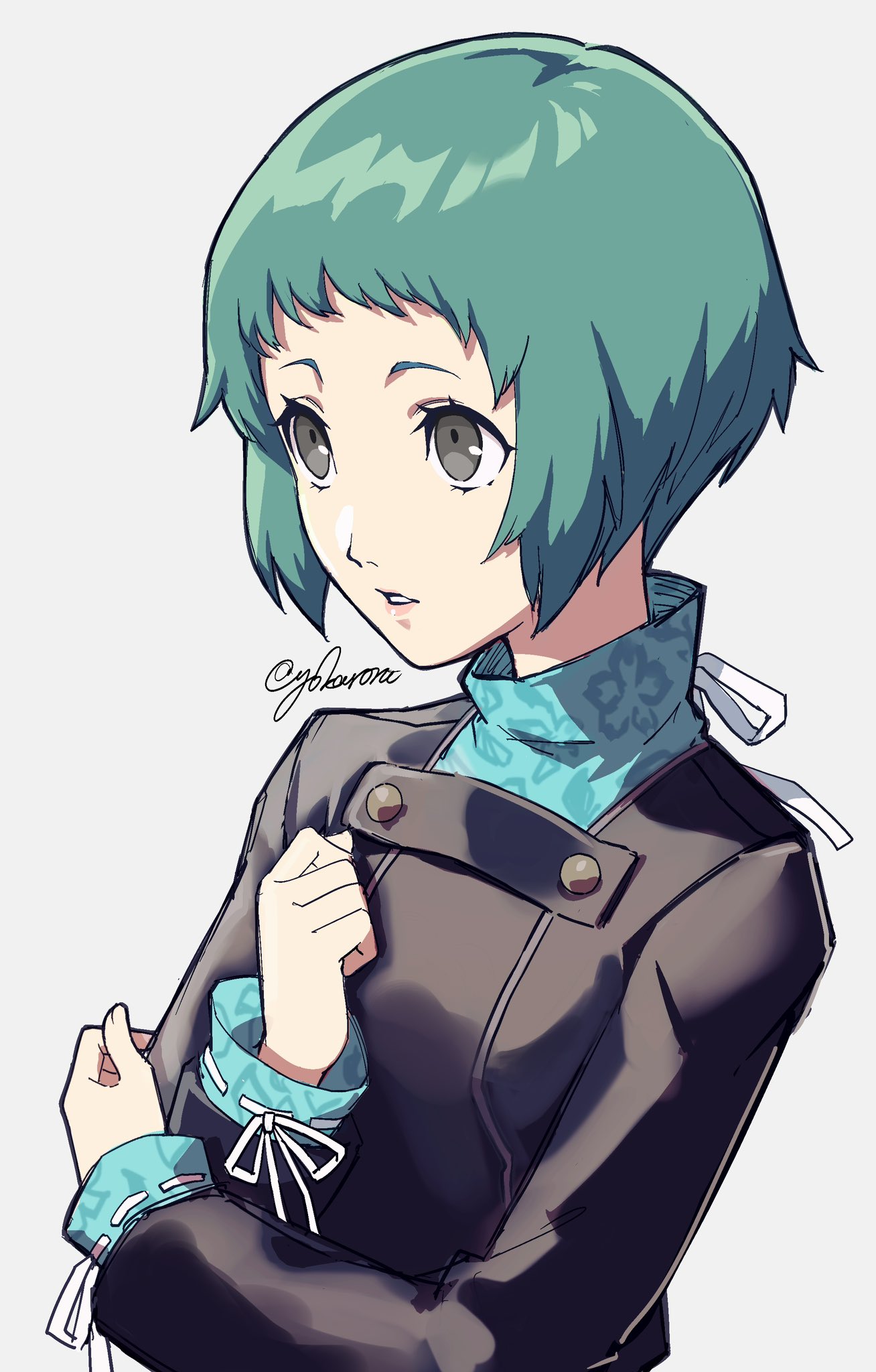 1girl, aqua_hair, black_eyes, black_jacket, commentary_request, gekkoukan_high_school_uniform, grey_background, highres, jacket, lips, long_sleeves, parted_lips, persona, persona_3, pink_lips, school_uniform, short_hair, simple_background, solo, turtleneck, twitter_username, uniform, yamagishi_fuuka, yokaroni