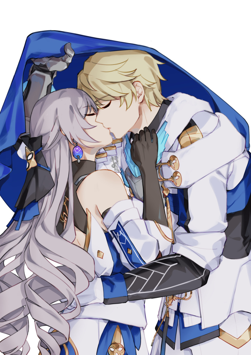 1boy, 1girl, arm_around_waist, bare_shoulders, black_gloves, blonde_hair, blue_cape, bronya_rand, cape, closed_eyes, coat, detached_sleeves, dqdph, earrings, from_side, gepard_landau, gloves, grey_hair, highres, honkai:_star_rail, honkai_(series), jewelry, kiss, long_hair, short_hair, simple_background, upper_body, white_background, white_coat, white_gloves