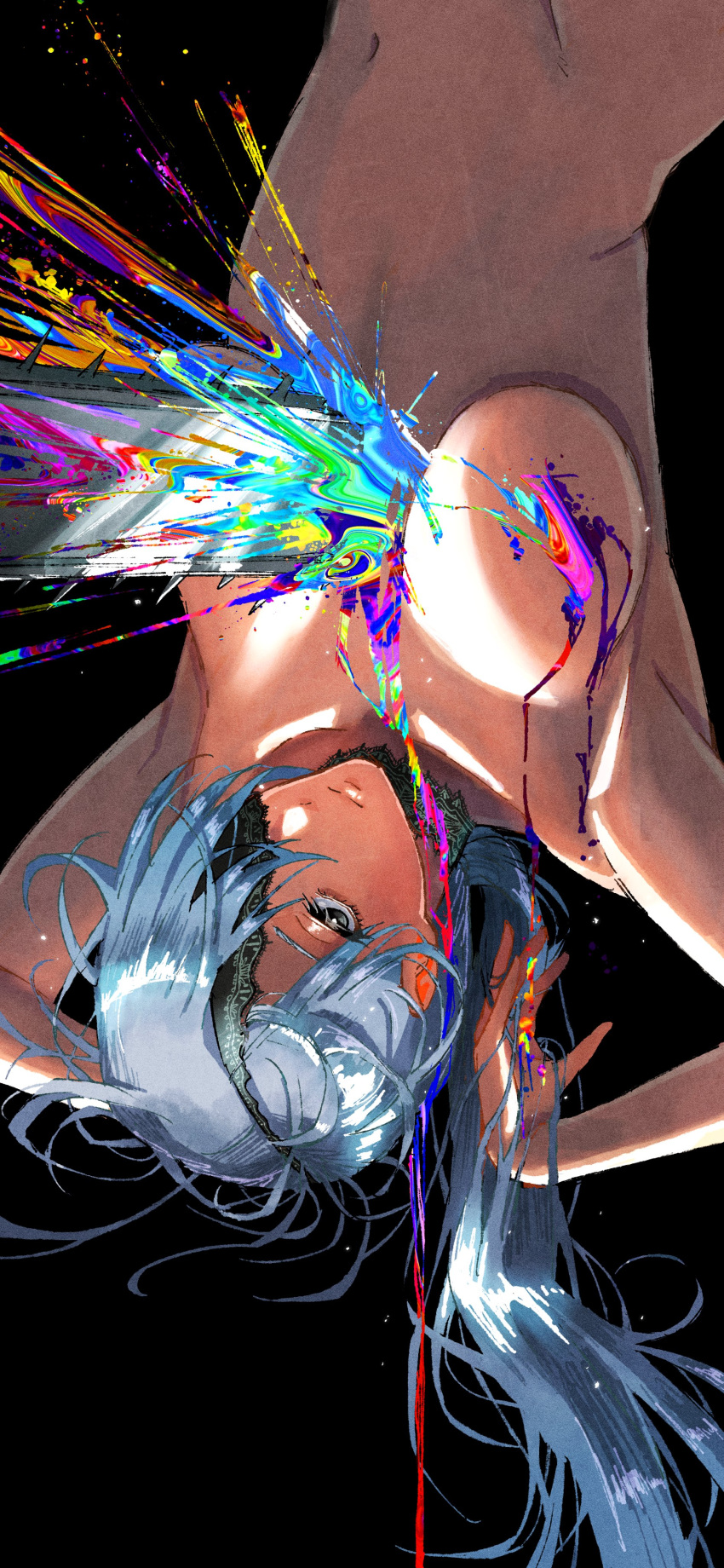 absurdres, armpits, blood, blue_hair, breasts, chainsaw_man, convenient_censoring, erupusai2