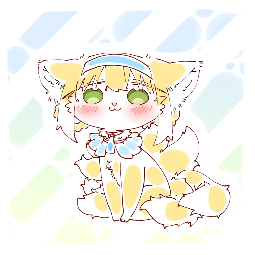 1girl, :3, animal_ears, animalization, arknights, blonde_hair, blue_hairband, blush, commentary, fox_ears, fox_girl, fox_tail, green_eyes, hairband, hashtag_only_commentary, highres, mofumofu_foxes3, suzuran_(arknights), tail