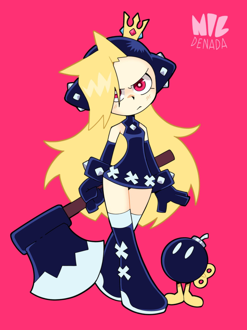 1girl, artist_name, axe, black_footwear, blonde_hair, bob-omb, boots, crown