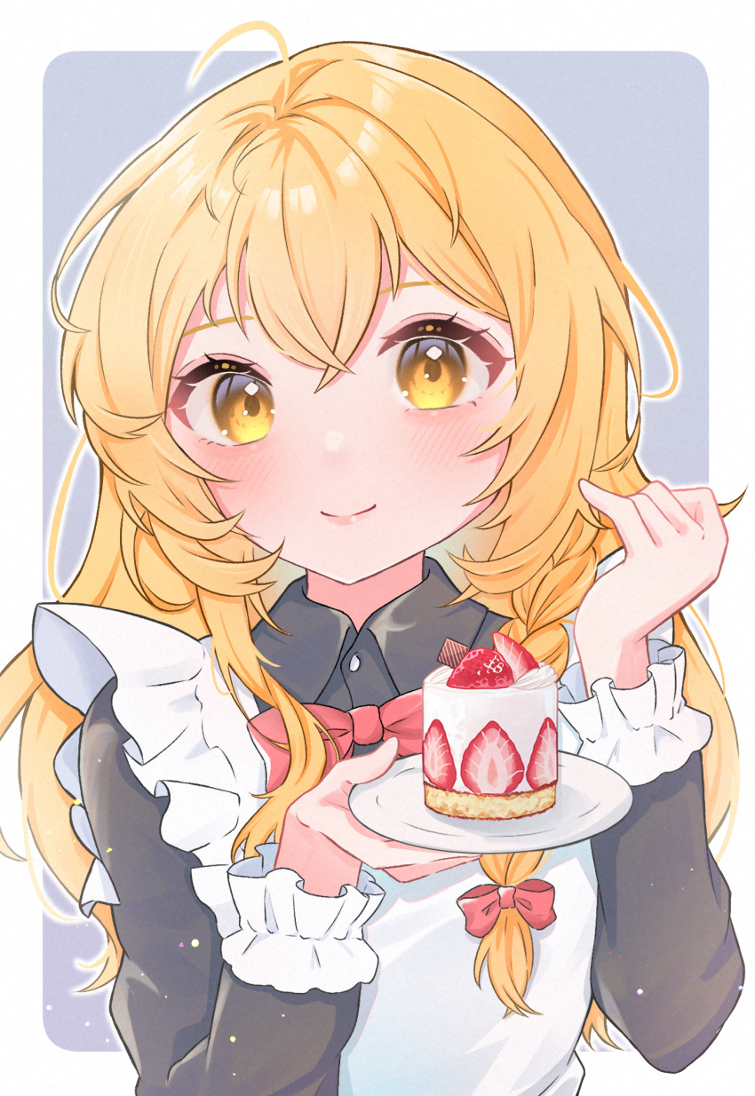 1girl, ahoge, apron, blonde_hair, bow, braid, cake, collared_dress