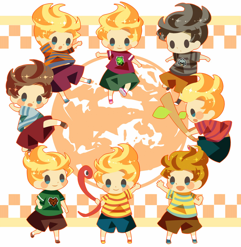 6+boys, alternate_color, black_eyes, blonde_hair, blue_shirt, blue_shorts, blush_stickers, boney