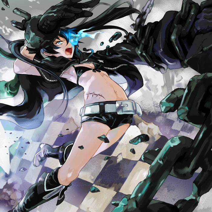 arm_cannon, belt, bikini_top, black_hair, black_rock_shooter, black_rock_shooter_(character), blue_eyes, boots