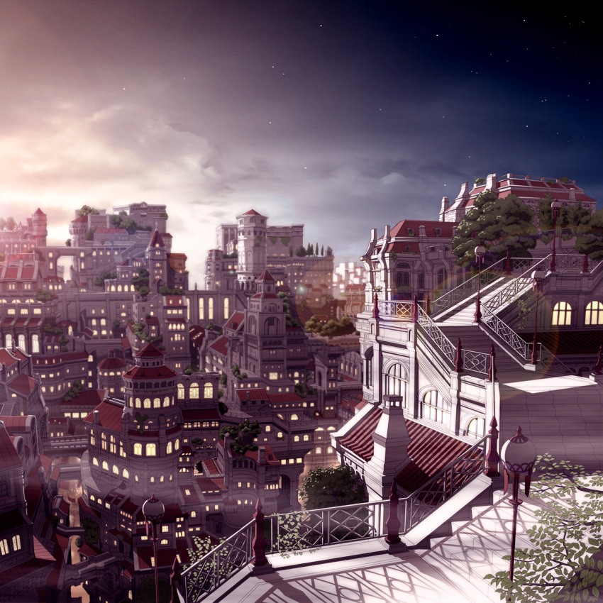 cloud, clouds, colored, highres, j-unit_(lilykiss), lamp, lens_flare, lights, munashichi, night, original, rooftop, scenery, sky, stairs, star, star_(sky), starry_sky, tree, window