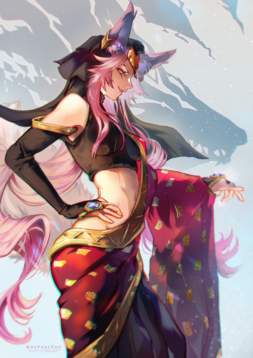 1girl, absurdres, animal_ear_fluff, animal_ears, bare_shoulders, black_sleeves, breasts, circlet