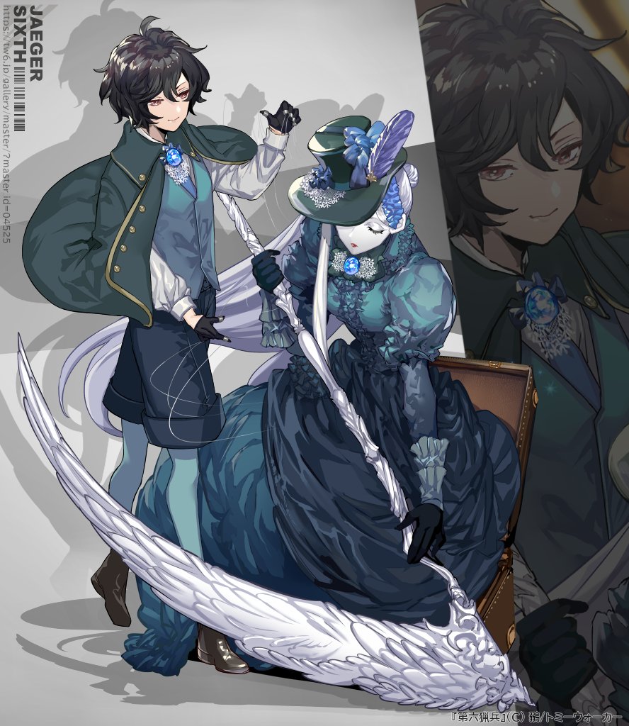 1boy, 1girl, ahoge, ankle_boots, aqua_pantyhose, aqua_vest, black_footwear, black_gloves, black_hair, black_shorts, blue_bow, blue_dress, blue_gemstone, blue_necktie, boots, bow, brooch, brown_eyes, center_frills, closed_eyes, closed_mouth, collared_shirt, colored_skin, copyright_name, copyright_notice, dairoku_ryouhei, dress, feathers, frills, full_body, gem, gloves, gold_trim, gown, green_headwear, green_jacket, grey_background, hair_between_eyes, hair_bun, half_updo, hat, hat_bow, hat_feather, hat_over_one_eye, holding, holding_scythe, holding_weapon, in_container, jack_cocot, jacket, jacket_on_shoulders, jewelry, layered_sleeves, lipstick, long_sleeves, looking_at_another, looking_at_viewer, makeup, marionette, necktie, pantyhose, puffy_short_sleeves, puffy_sleeves, puppet, puppet_rings, puppet_strings, red_lips, ring, scythe, shadow, shirt, short_hair, short_over_long_sleeves, short_sleeves, shorts, single_hair_bun, single_sidelock, smile, standing, suitcase, top_hat, vest, weapon, white_hair, white_shirt, white_skin, zoom_layer
