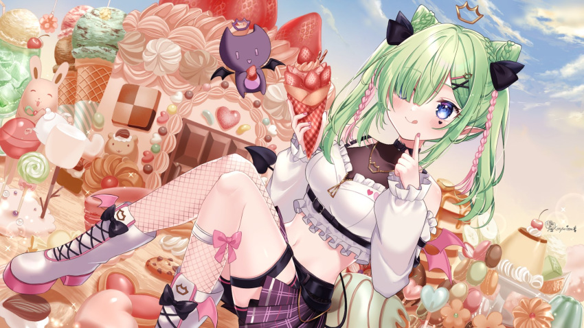 1girl, airi_viridis, artist_name, asymmetrical_legwear, bare_shoulders, belt, black_belt, black_ribbon, black_shorts, blue_eyes, blush, bow, braid, breasts, cake, candy, cherry, chocolate, chocolate_chip_cookie, choker, clouds, commission, cookie, creature, crepe, crown, demon, demon_tail, demon_wings, dessert, double_bun, fishnets, food, frilled_sleeves, frills, fruit, green_hair, hair_bun, hair_over_one_eye, hair_ribbon, heart, heart_choker, heart_tattoo, highres, holding, holding_food, ice, ice_cream, ice_cream_cone, ice_cream_float, ice_cube, jewelry, kompeitou_(lemon_garden), lens_flare, lollipop, macaron, marshmallow, medium_breasts, midriff, multicolored_hair, navel, necklace, pancake, pancake_stack, pink_bow, pink_hair, plaid, plaid_skirt, pleated_skirt, pointy_ears, pudding, purple_skirt, ribbon, shorts, sitting, skeb_commission, skirt, sky, solo, strawberry, tail, tattoo, teapot, thigh_strap, tongue, tongue_out, twin_braids, twintails, v-dere, virtual_youtuber, white_footwear, wings