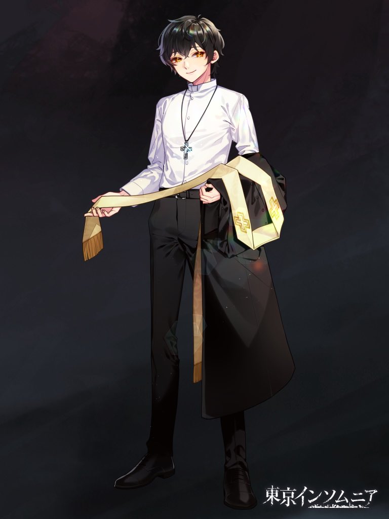 1boy, alpaca_connect, belt, belt_buckle, black_background, black_belt, black_footwear, black_hair, black_pants, buckle, cassock, closed_mouth, copyright_name, cross, cross_necklace, double-parted_bangs, dress_shirt, full_body, glint, hair_between_eyes, holding, holding_clothes, jewelry, looking_at_viewer, necklace, pants, priest, shirt, shizuya_(szy_tw), shoes, short_hair, smile, standing, stole, unworn_clothes, white_shirt, yellow_eyes