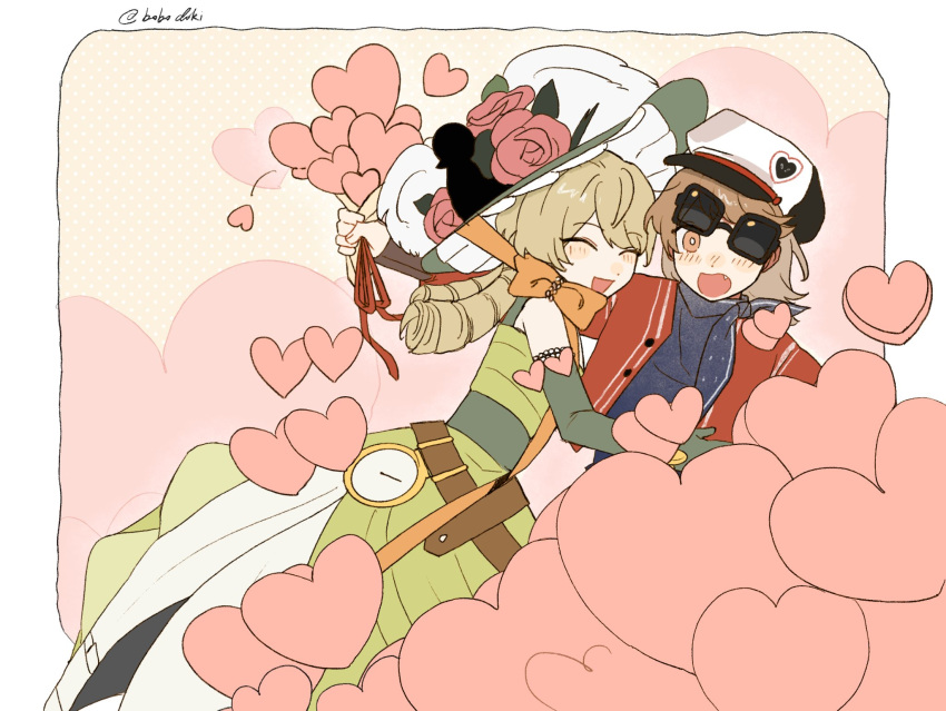 >_<, 2girls, belt, blue_dress, blush, bobodoki, bouquet, bracelet