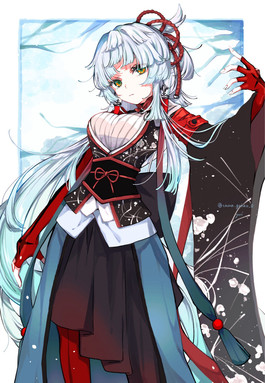1girl, border, breasts, fate/grand_order, fate/samurai_remnant, fate_(series), green_eyes, hakama