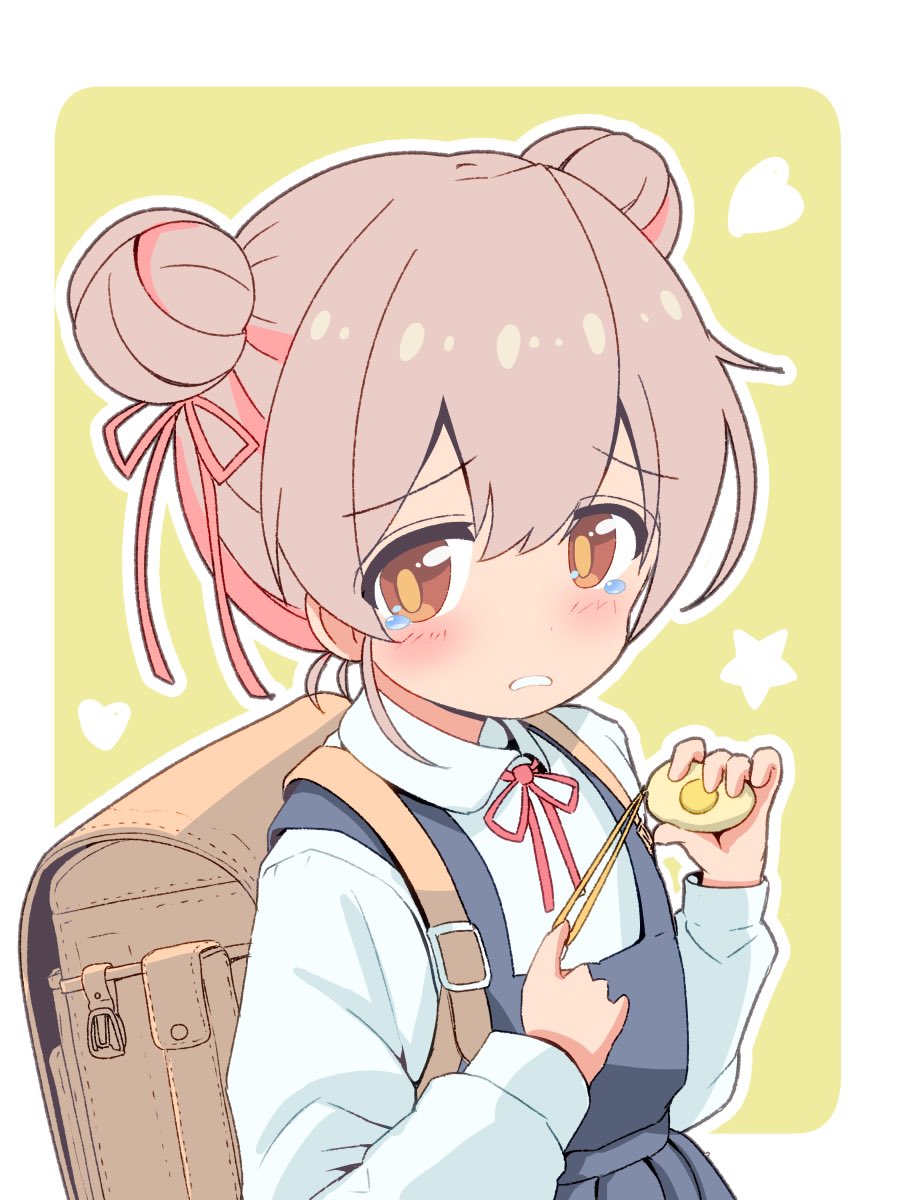 1girl, aged_down, backpack, bag, border, brown_eyes, child, commentary