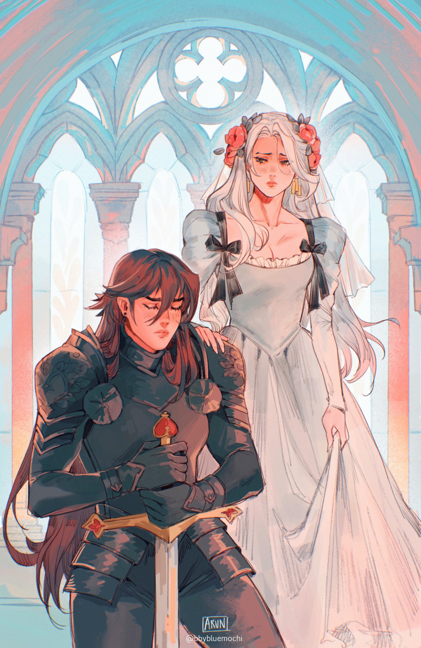 2girls, absurdres, armor, bbybluemochi, black_eyebrows, brown_hair, church, closed_eyes
