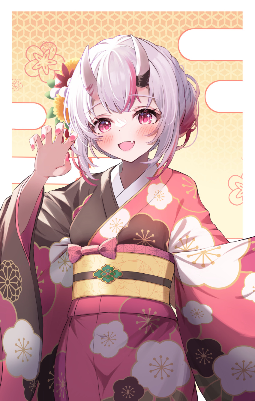 1girl, absurdres, fang, floral_print, flower, hair_flower, hair_ornament, highres, hololive, horn_ornament, horns, japanese_clothes, keesuke_(kkosyoku), kimono, multicolored_hair, nakiri_ayame, obi, oni, open_mouth, pink_eyes, pink_hair, pink_kimono, pink_nails, red_flower, sash, short_hair, skin_fang, solo, streaked_hair, virtual_youtuber, white_flower, wide_sleeves, yellow_flower, yellow_sash