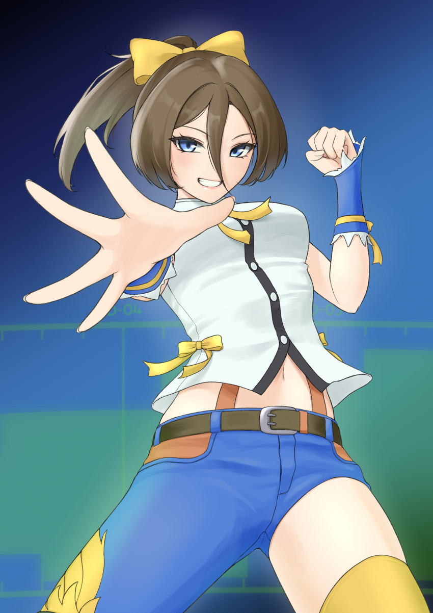 absurdres, aoki_hagane_no_arpeggio, asymmetrical_clothes, blue_background, blue_eyes, blue_pants, brown_hair, cowboy_shot