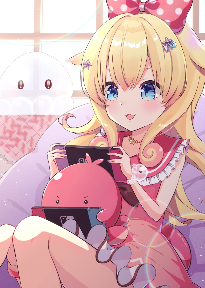 1girl, absurdres, blonde_hair, blue_eyes, bow, bracelet, couch, dress, fang, hair_bow, hair_ornament, handheld_game_console, highres, holding, holding_handheld_game_console, idol_corp, jewelry, long_hair, momo_otako, necklace, nintendo_switch, open_mouth, pink_bow, pink_dress, polka_dot, second-party_source, shell_hair_ornament, sitting, star_(symbol), star_hair_ornament, star_necklace, tentacle_hair, uni_(maru231), virtual_youtuber, window