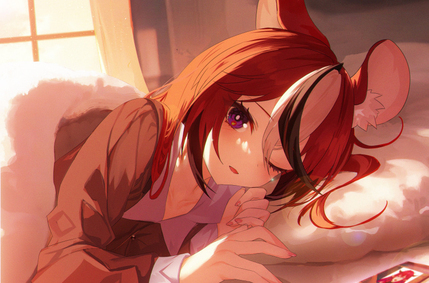 1girl, absurdres, animal_ears, bed, bedroom, black_hair, blanket, blue_eyes, cellphone, english_commentary, hakos_baelz, highres, hololive, hololive_english, indoors, irys_(hololive), jiang_ye_kiri, long_hair, looking_at_viewer, lying, mouse_ears, mouse_girl, multicolored_hair, on_bed, on_side, one_eye_closed, pajamas, parted_lips, phone, pillow, pov_across_bed, redhead, smartphone, solo, streaked_hair, under_covers, virtual_youtuber, waking_up, white_hair, window