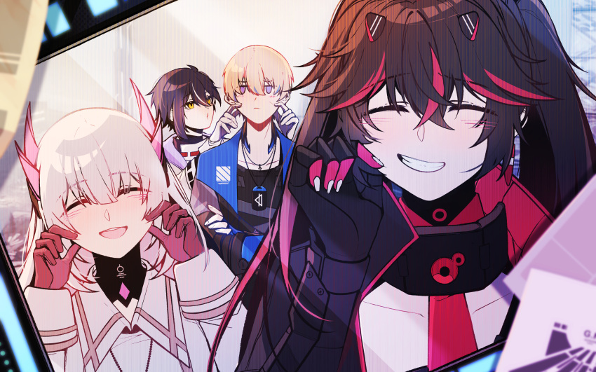 2boys, 2girls, absurdres, black_hair, black_jacket, black_shirt, blonde_hair, blush