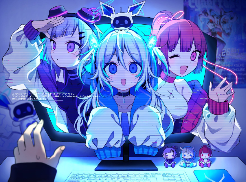 3girls, :3, :d, ;d, black_choker, blue_eyes, blue_hair, breasts