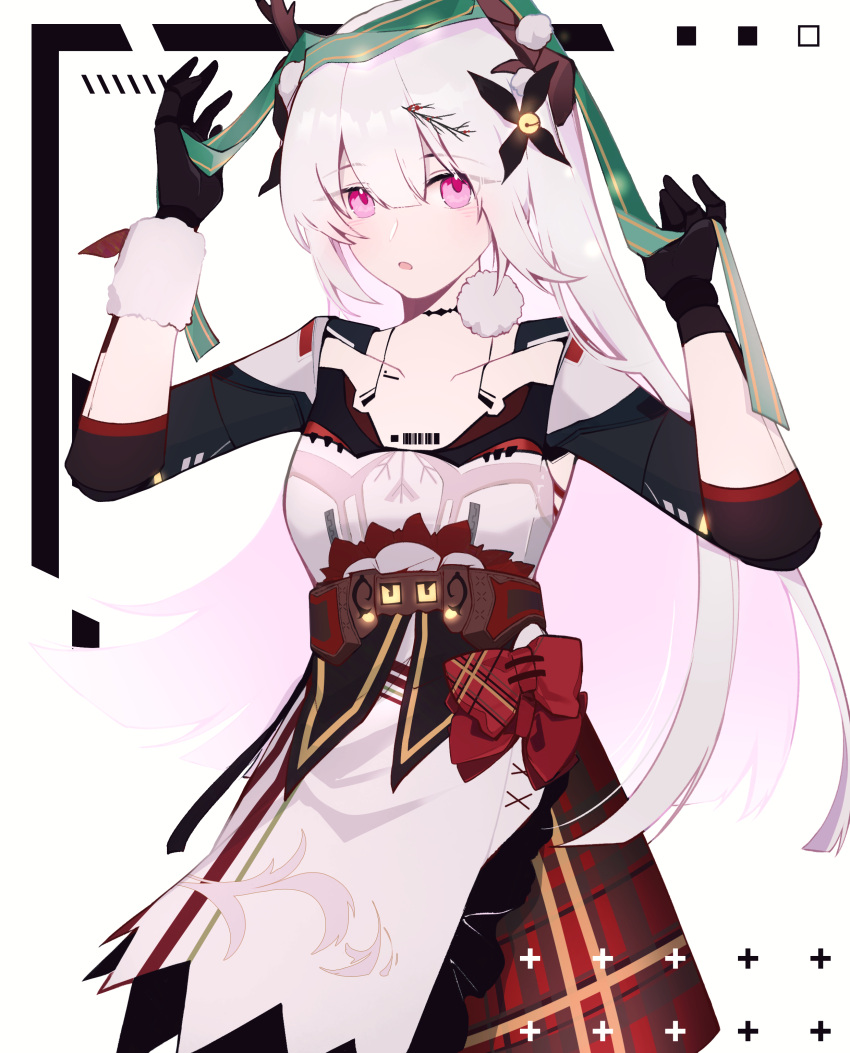 1girl, absurdres, antlers, barcode, barcode_tattoo, bell, black_gloves, chest_tattoo