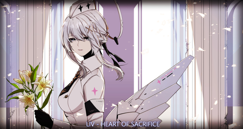 1girl, absurdres, armband, black_gloves, black_necktie, black_ribbon, braid, character_name