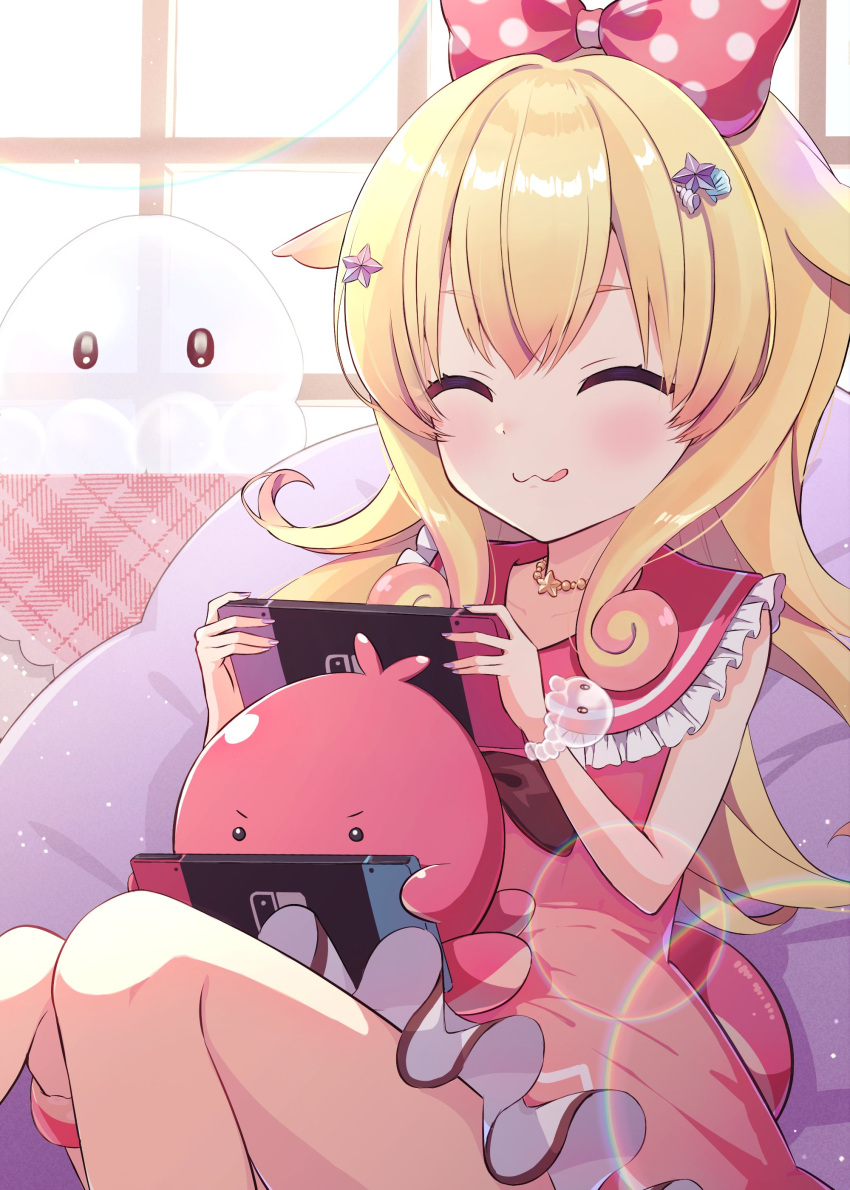 1girl, absurdres, blonde_hair, bow, bracelet, closed_eyes, closed_mouth, couch