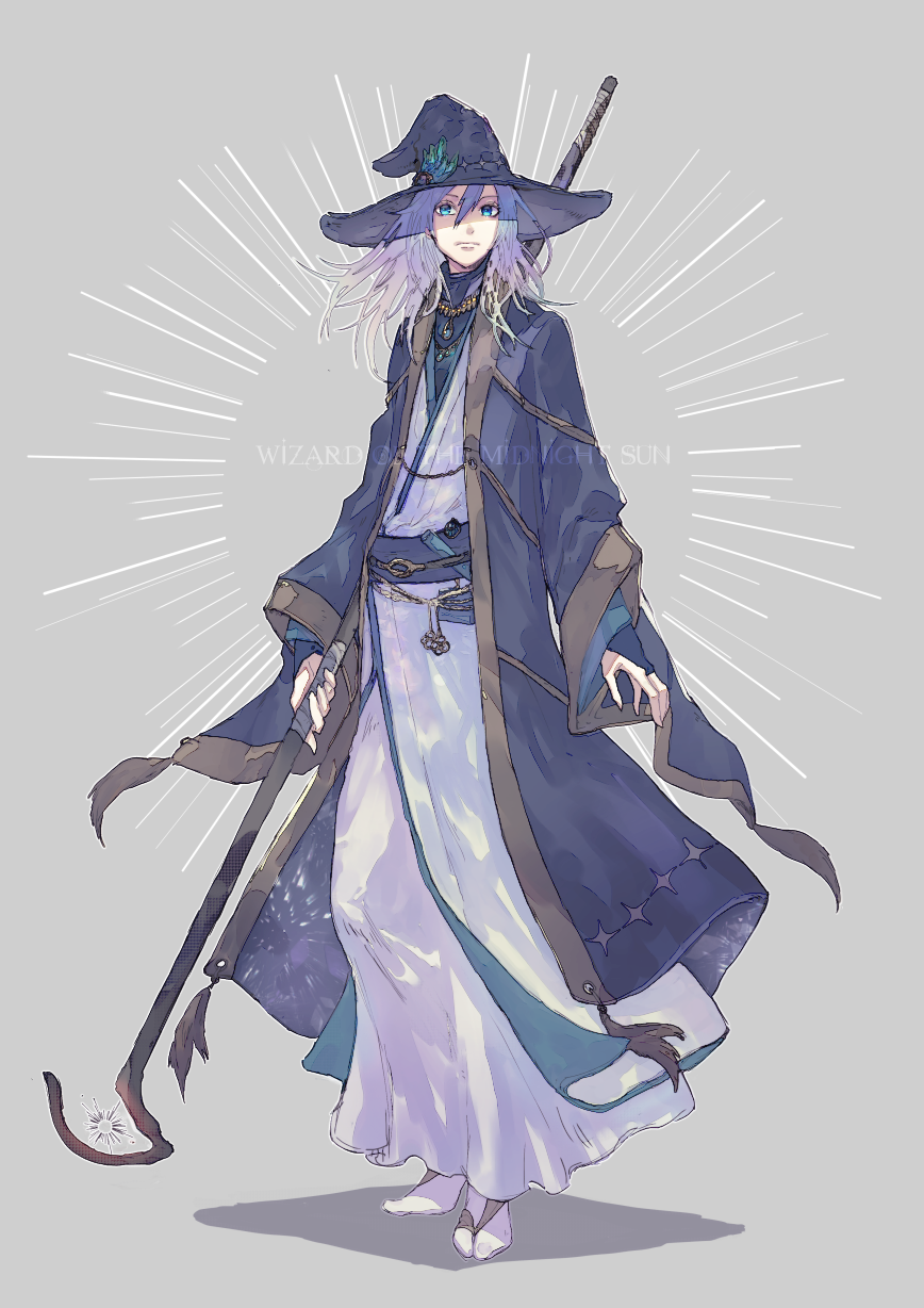 1boy, :|, arms_at_sides, barefoot_sandals, black_bridal_gauntlets, black_coat, black_headwear, black_sash, black_shirt, blue_eyes, bridal_gauntlets, charm_(object), closed_mouth, coat, expressionless, full_body, grey_background, hair_between_eyes, hat, hat_ornament, highres, holding, holding_staff, japanese_clothes, jewelry, kimono, long_hair, long_sleeves, looking_at_viewer, mage_staff, male_focus, necklace, num_(zombie_headline), open_clothes, open_coat, original, purple_hair, robe, sash, shirt, simple_background, socks, solo, staff, standing, sunburst, tabi, tassel, turtleneck, white_kimono, white_robe, white_socks, wide_sleeves, witch_hat, wizard