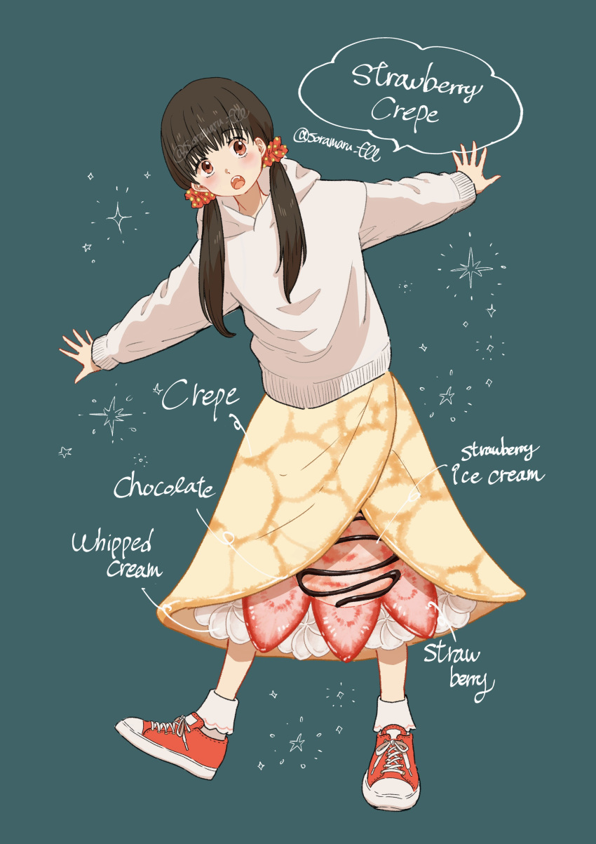1girl, absurdres, artist_name, black_hair, chocolate_syrup, commentary_request, crepe, english_text
