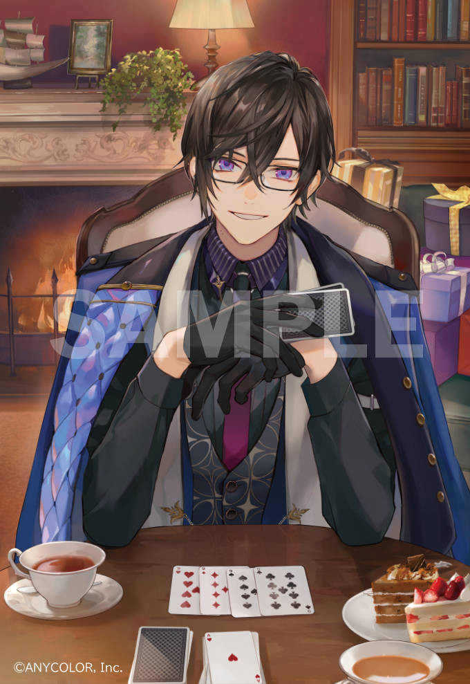 1boy, black-framed_eyewear, black_gloves, black_hair, black_shirt, blue_coat, bookshelf, box