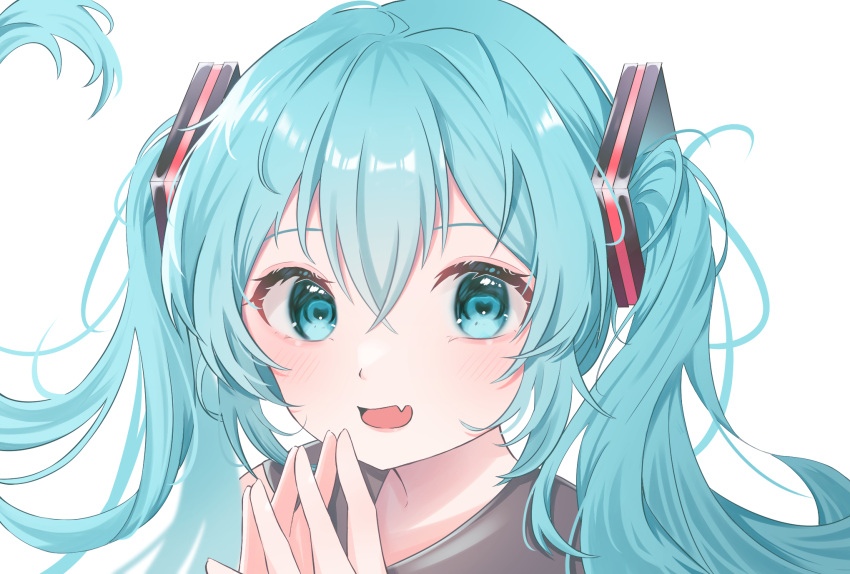 1girl, aqua_eyes, aqua_hair, blush, commentary, fang, floating_hair, hair_between_eyes, hair_ornament, hatsune_miku, heart, heart-shaped_pupils, highres, long_hair, looking_at_viewer, mokoinu_(pixiv_27216243), open_mouth, own_hands_together, portrait, simple_background, skin_fang, smile, solo, steepled_fingers, symbol-shaped_pupils, twintails, very_long_hair, vocaloid, white_background