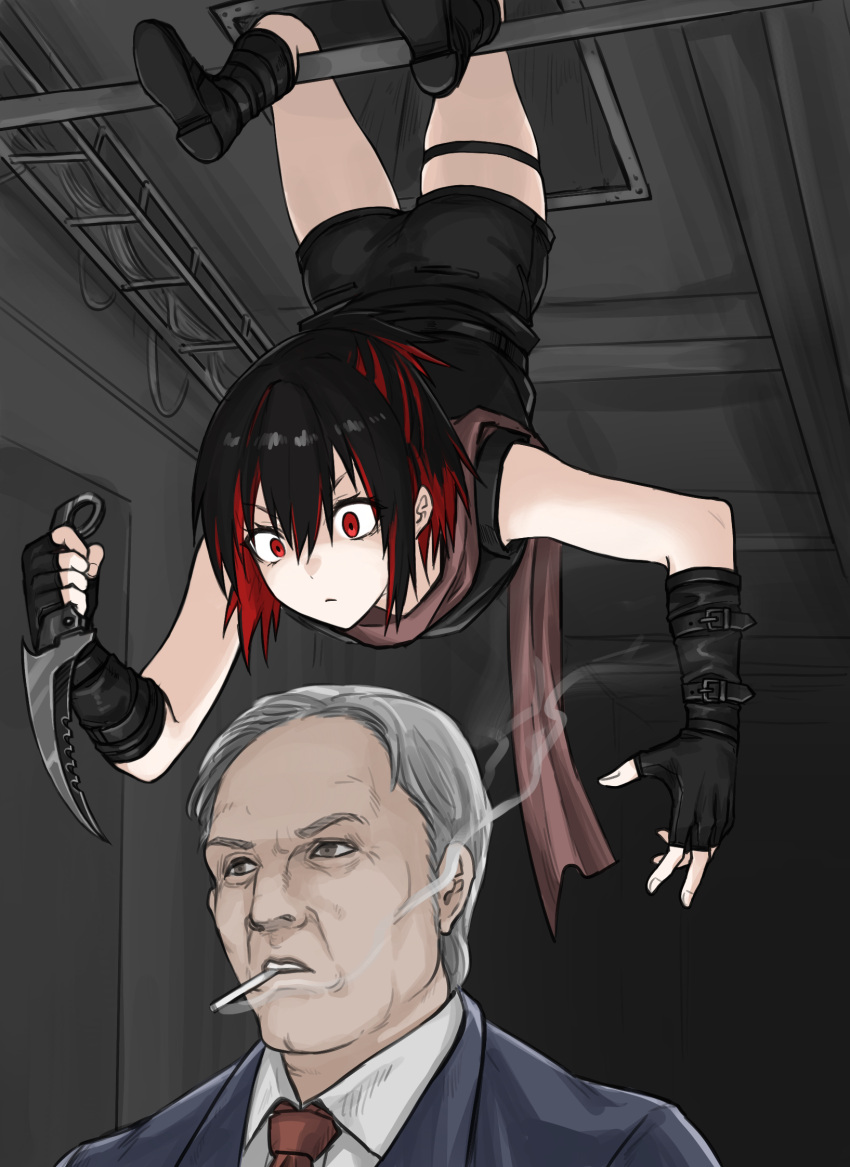 1boy, 1girl, black_gloves, black_hair, black_shirt, black_shorts, blue_jacket, cigarette