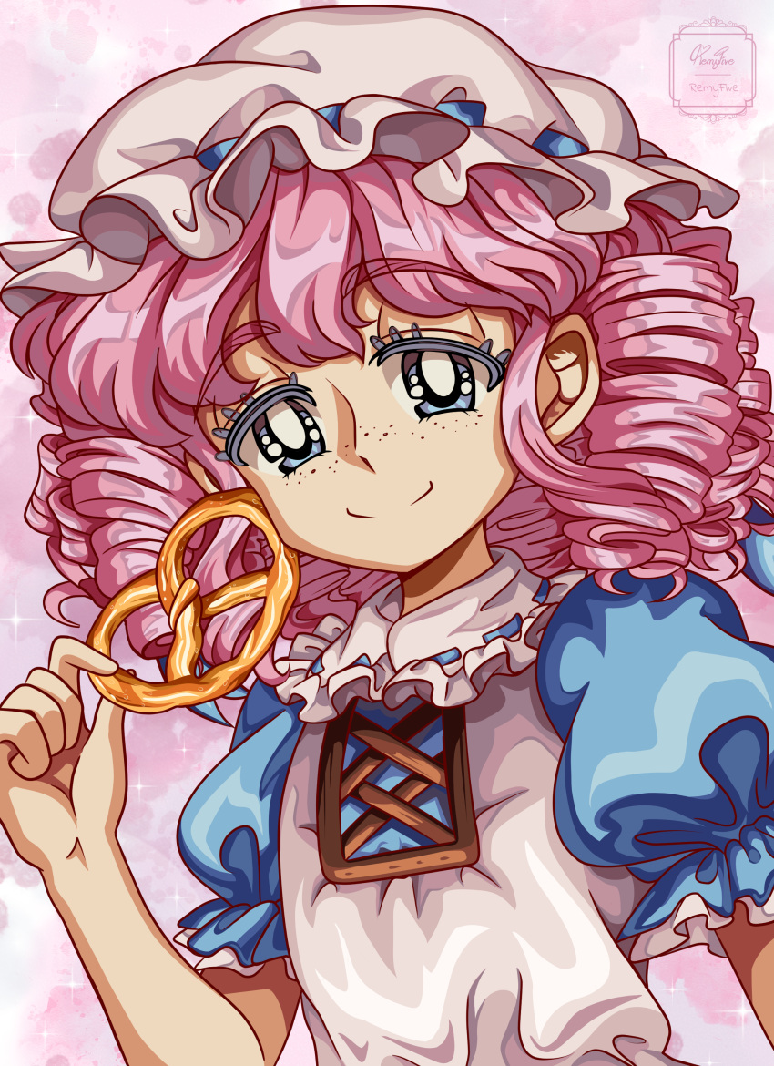 1990s_(style), 1girl, absurdres, apron, blue_dress, blue_eyes, blue_ribbon, curly_hair
