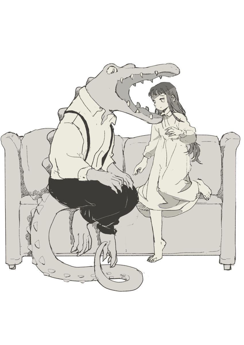1boy, 1girl, animal, barefoot, black_pants, closed_mouth, clothed_animal, conical_teeth