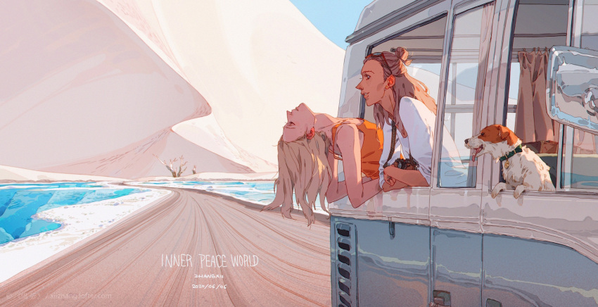 2girls, animal, animal_collar, artist_name, blonde_hair, blush, brown_hair, camera