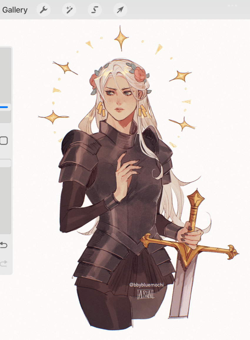 1girl, armor, armored_dress, artist_name, bbybluemochi, black_nails, blue_eyes, breastplate