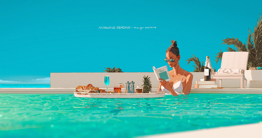 1girl, artist_name, black_hair, blue-tinted_eyewear, blue_liquid, blue_sky, book, bottle, bread, bread_slice, chair, commentary, dated, drinking_straw, english_commentary, english_text, floating, floating_object, floating_table, food, fruit, hair_bun, highres, holding, holding_book, in_water, luxery, ocean, original, outdoors, palm_tree, pineapple, pool, salt_shaker, sky, solo, tinted_eyewear, toast, tree, white_swimsuit, xi_zhang
