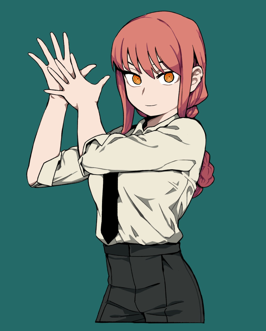 1girl, black_necktie, black_pants, braid, braided_ponytail, chainsaw_man, chalkboard, closed_mouth, collared_shirt, cropped_legs, green_background, hands_up, highres, long_hair, looking_at_viewer, makima_(chainsaw_man), necktie, orange_hair, own_hands_together, pants, photo-referenced, ringed_eyes, shirt, shirt_tucked_in, simple_background, single_braid, sleeves_past_elbows, smile, solo, soo05120512, white_shirt