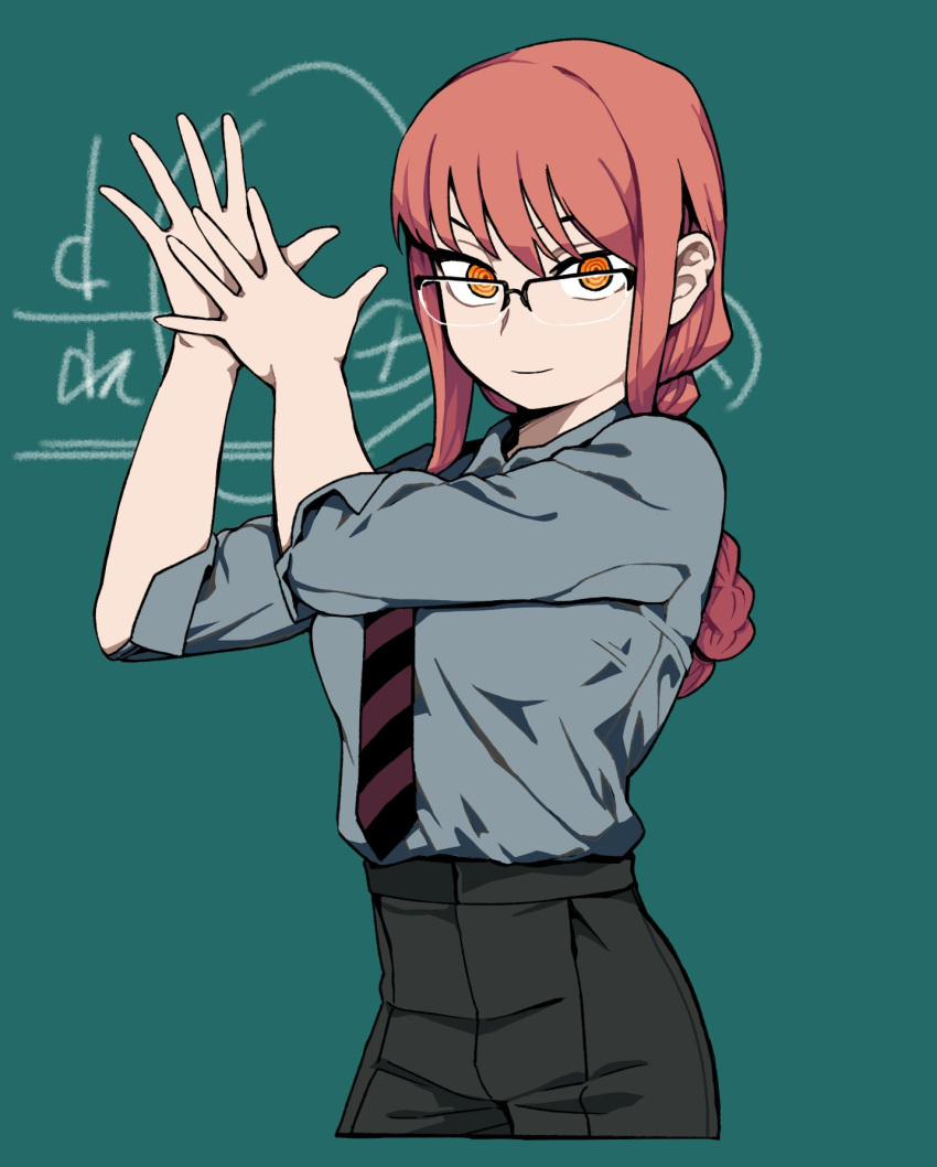 1girl, black-framed_eyewear, black_pants, blue_shirt, braid, braided_ponytail, chainsaw_man, chalkboard, closed_mouth, collared_shirt, cropped_legs, glasses, green_background, grey_shirt, hands_up, highres, long_hair, looking_at_viewer, makima_(chainsaw_man), math, necktie, orange_eyes, over-rim_eyewear, own_hands_together, pants, photo-referenced, ringed_eyes, semi-rimless_eyewear, shirt, shirt_tucked_in, simple_background, single_braid, sleeves_past_elbows, smile, solo, soo05120512, striped_necktie