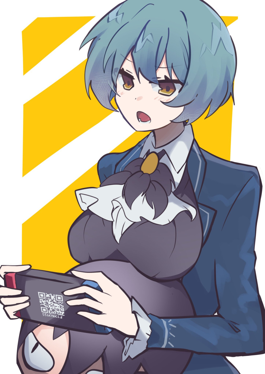 1girl, angela_(project_moon), ascot, black_eyes, black_hair, black_vest, blue_coat, blue_hair, brooch, coat, coco_(556ch0cl8), collared_shirt, commentary, english_commentary, frills, highres, jewelry, library_of_ruina, nintendo_switch, project_moon, qr_code, roland_(project_moon), shirt, short_hair, stuffed_toy, twitter_username, vest, white_ascot, white_shirt, yellow_eyes