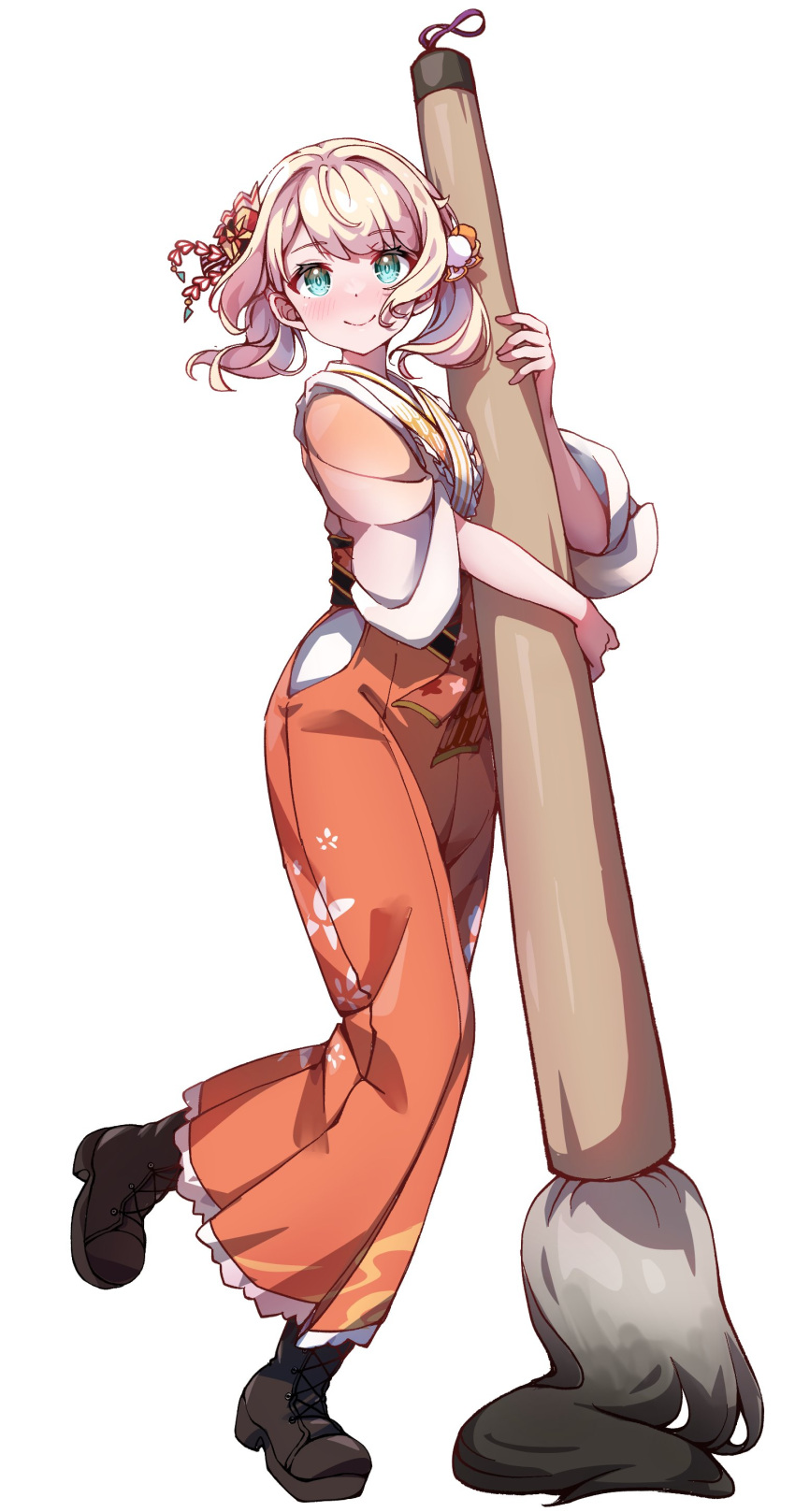 1girl, absurdres, aqua_eyes, black_footwear, blonde_hair, blush, boots, bow