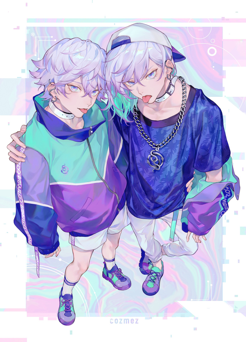 2boys, absurdres, arm_around_shoulder, arm_around_waist, bishounen, blue_eyes, brothers, chain_necklace