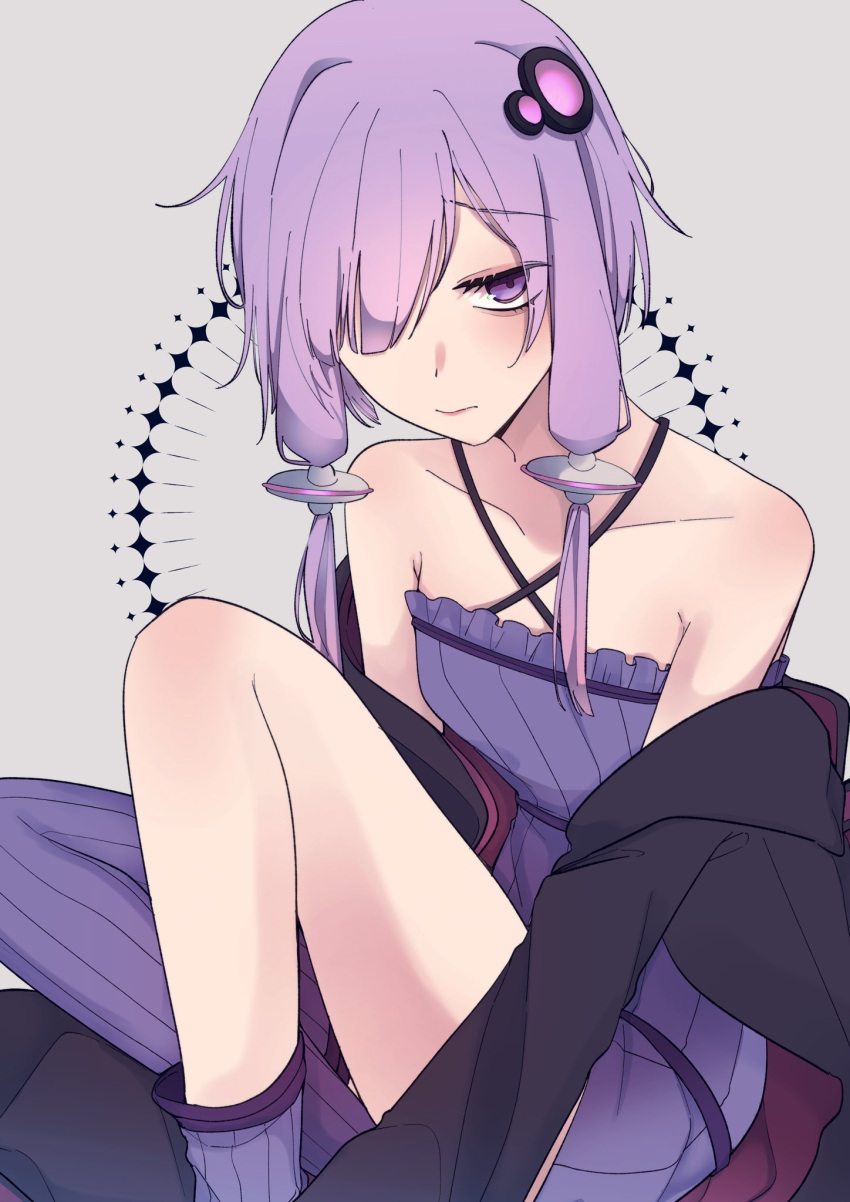 1girl, black_jacket, dress, expressionless, futaba_mei, grey_background, highres, jacket